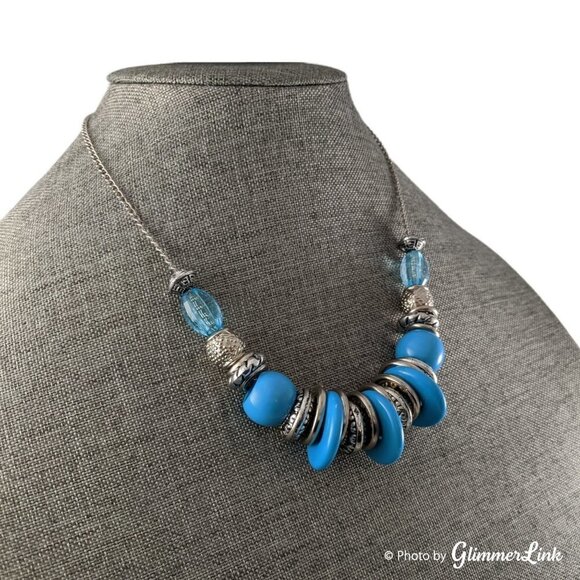 Blue & Silver Tone Slide Beads Statement Necklace - Picture 4 of 7